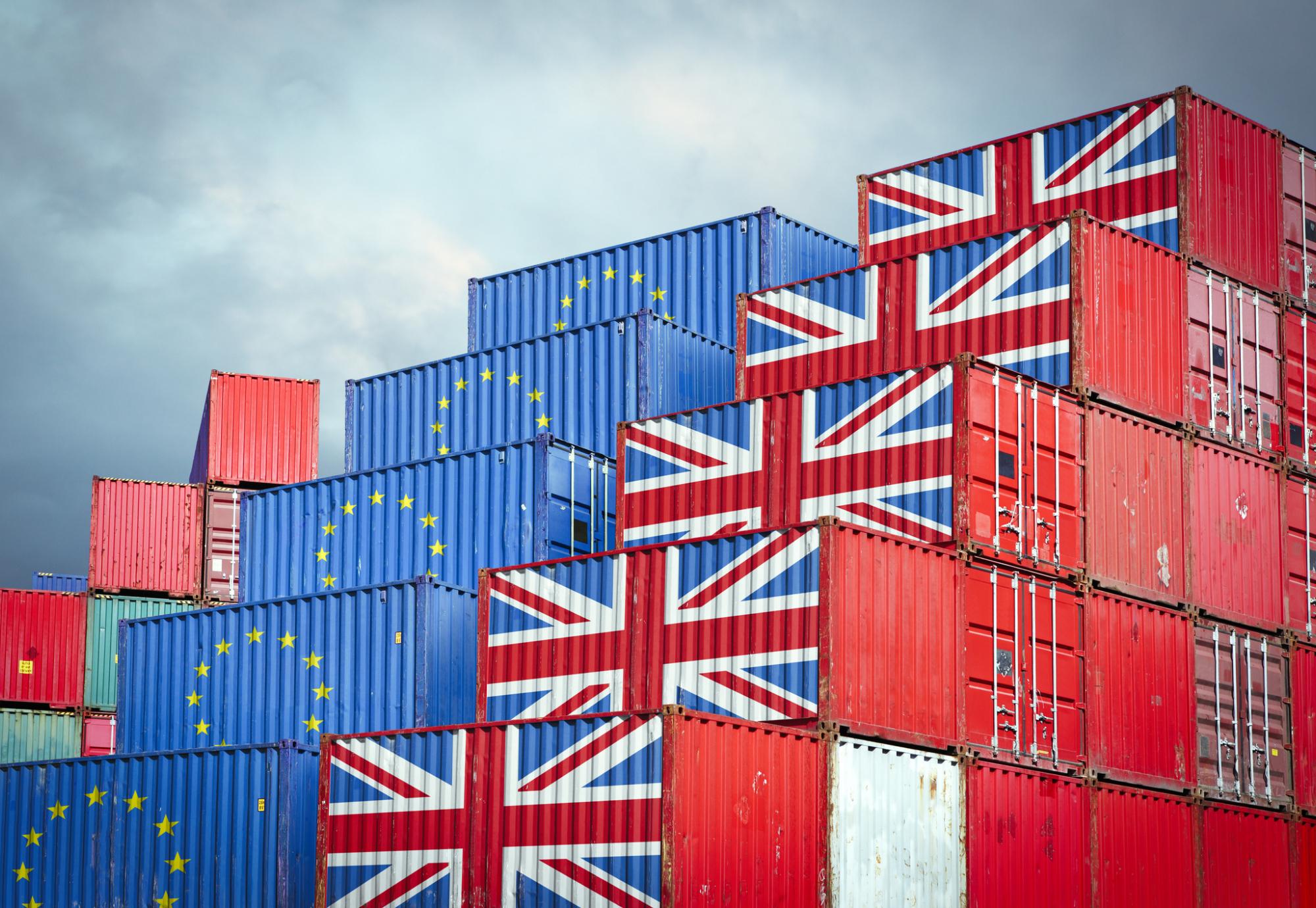 Storage containers representing EU and UK imports and exports.