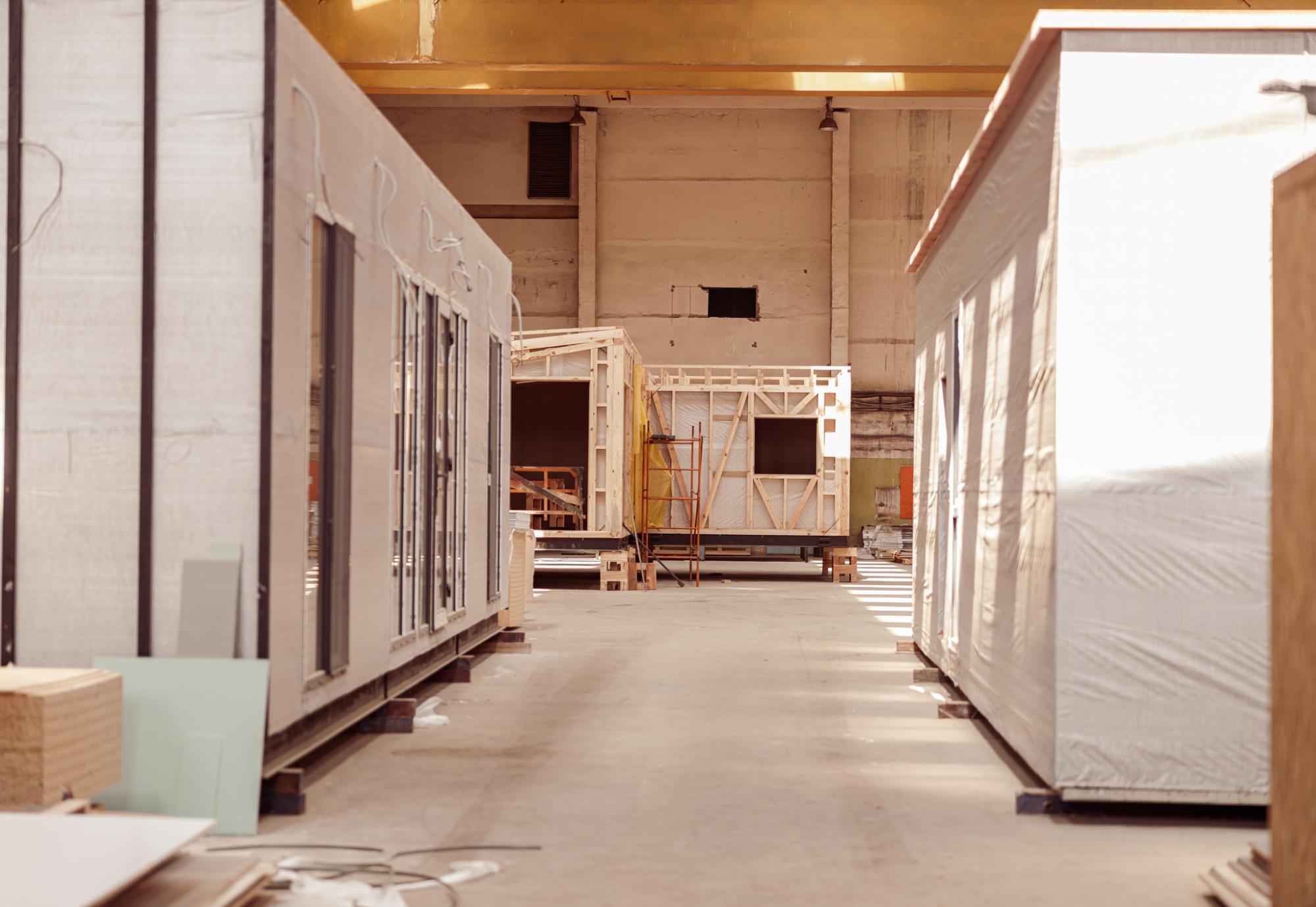 Prefabricated buildings in a factory