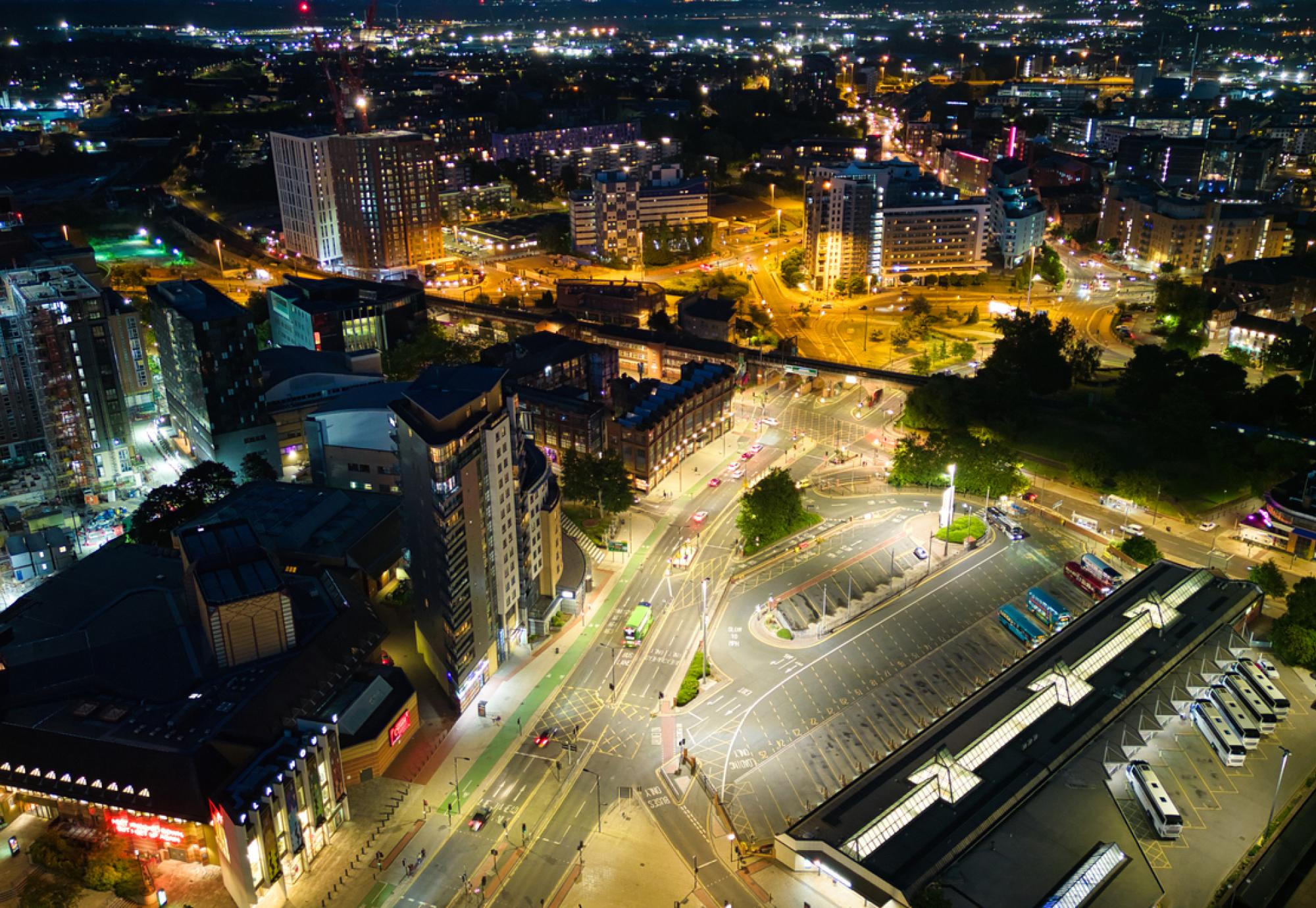Aerial view with nightlife in Leeds