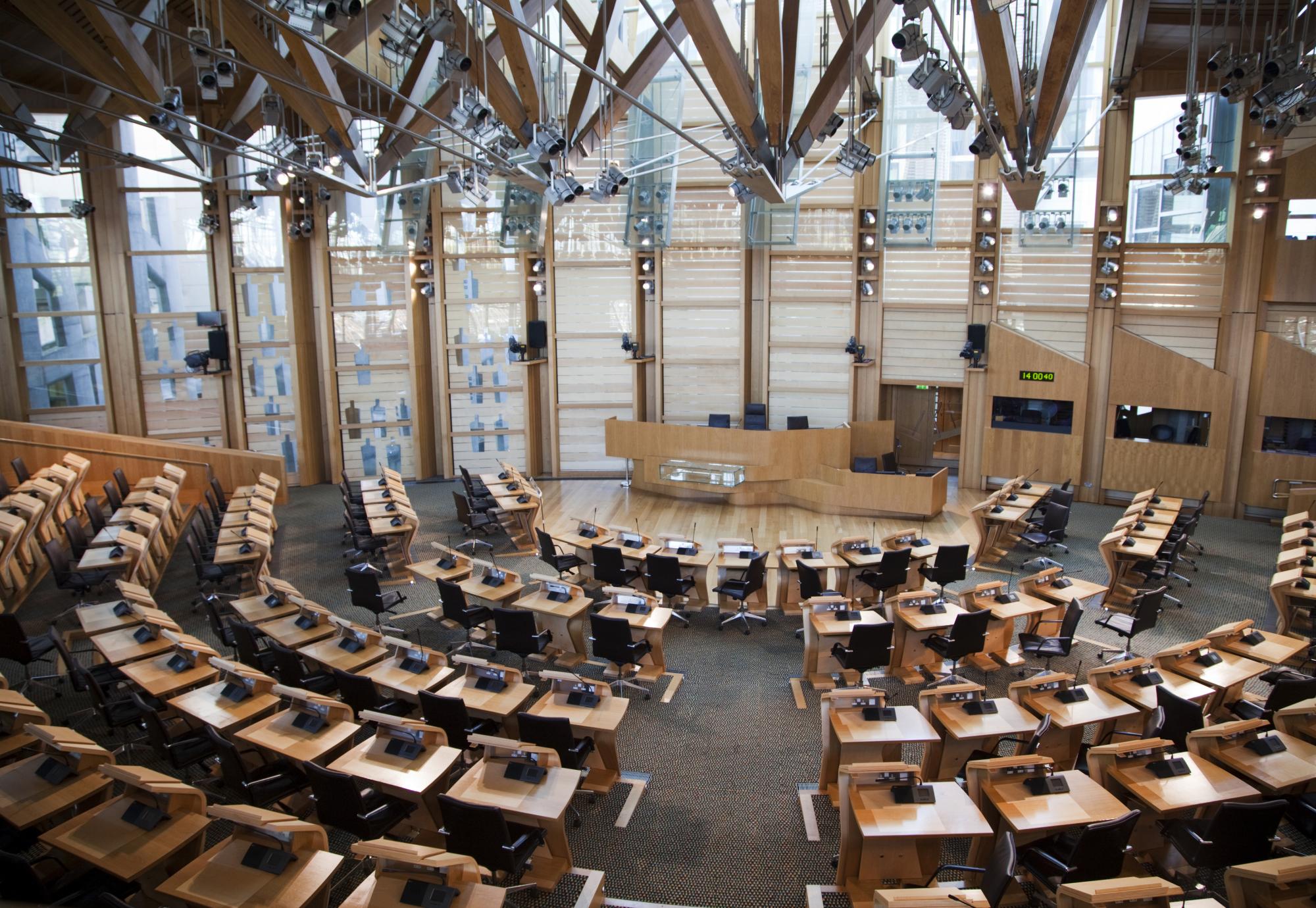 The main debating chamber of the Scottish Parliament building in Edinburgh