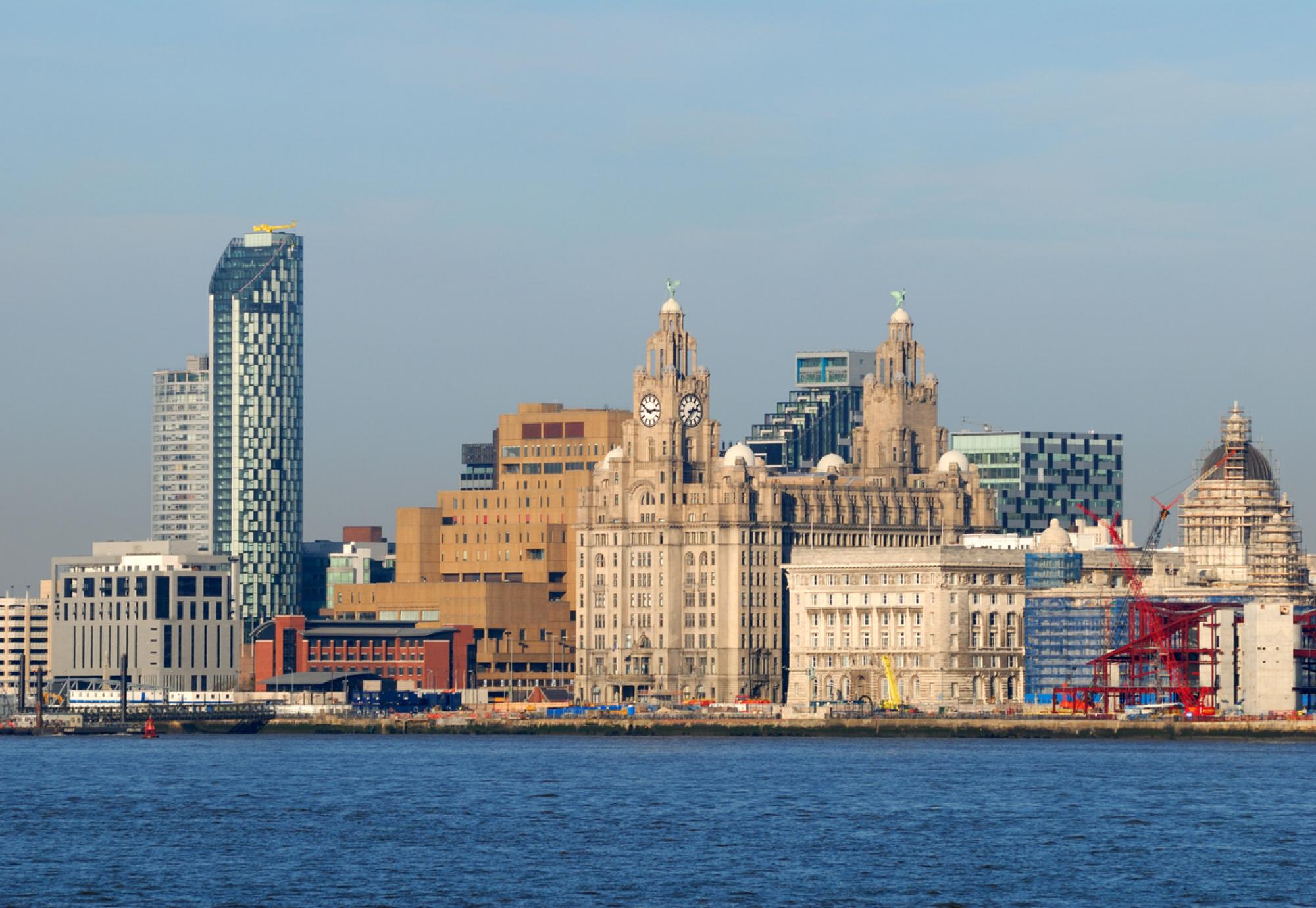 New and old buildings of the Liverpool waterfront at pierhead.