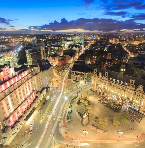 Night time shot of Leeds City Centre with a long exposure applied.