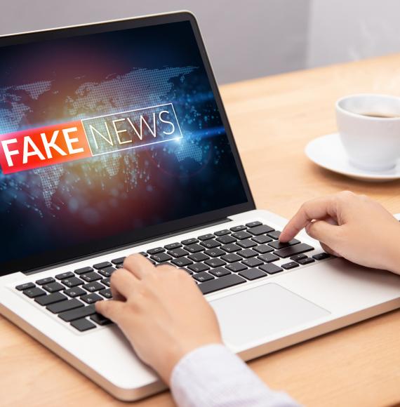 Man looks at fake news on his computer