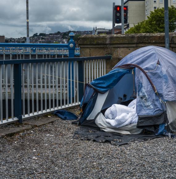 Tent sits in town centre for homeless man. 