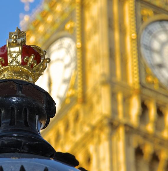 London street lamp with crown on top, Big Ben out of focus in the background