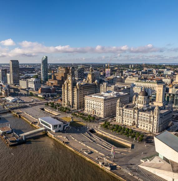 The drone aerial view of the city of Liverpool in England