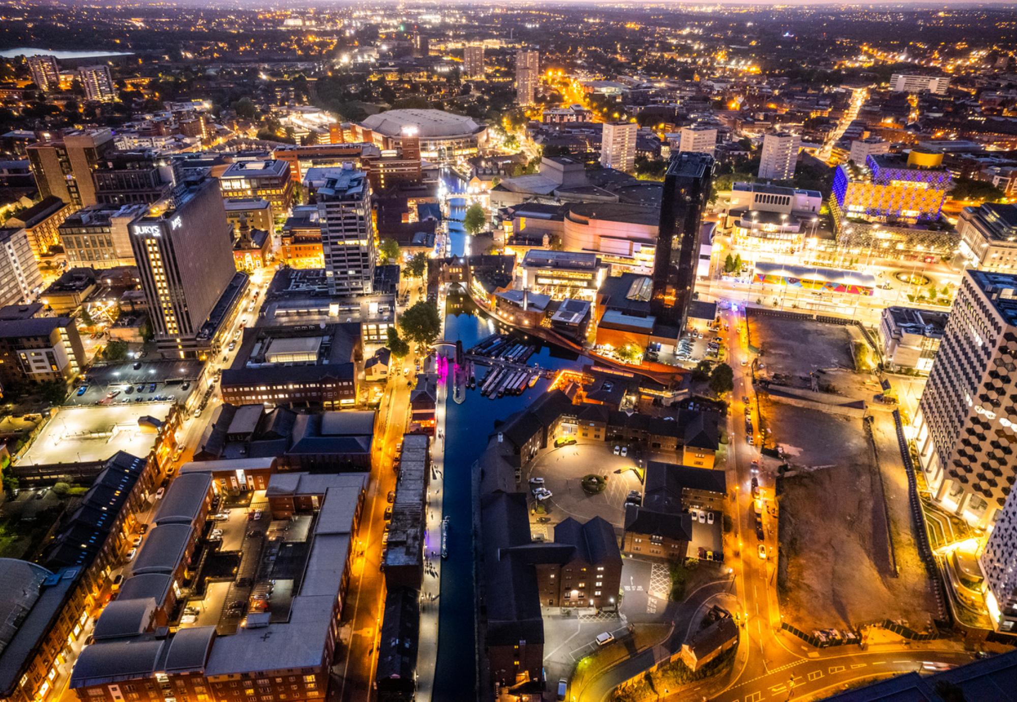 Aerial view of Birmingham City Centre at night