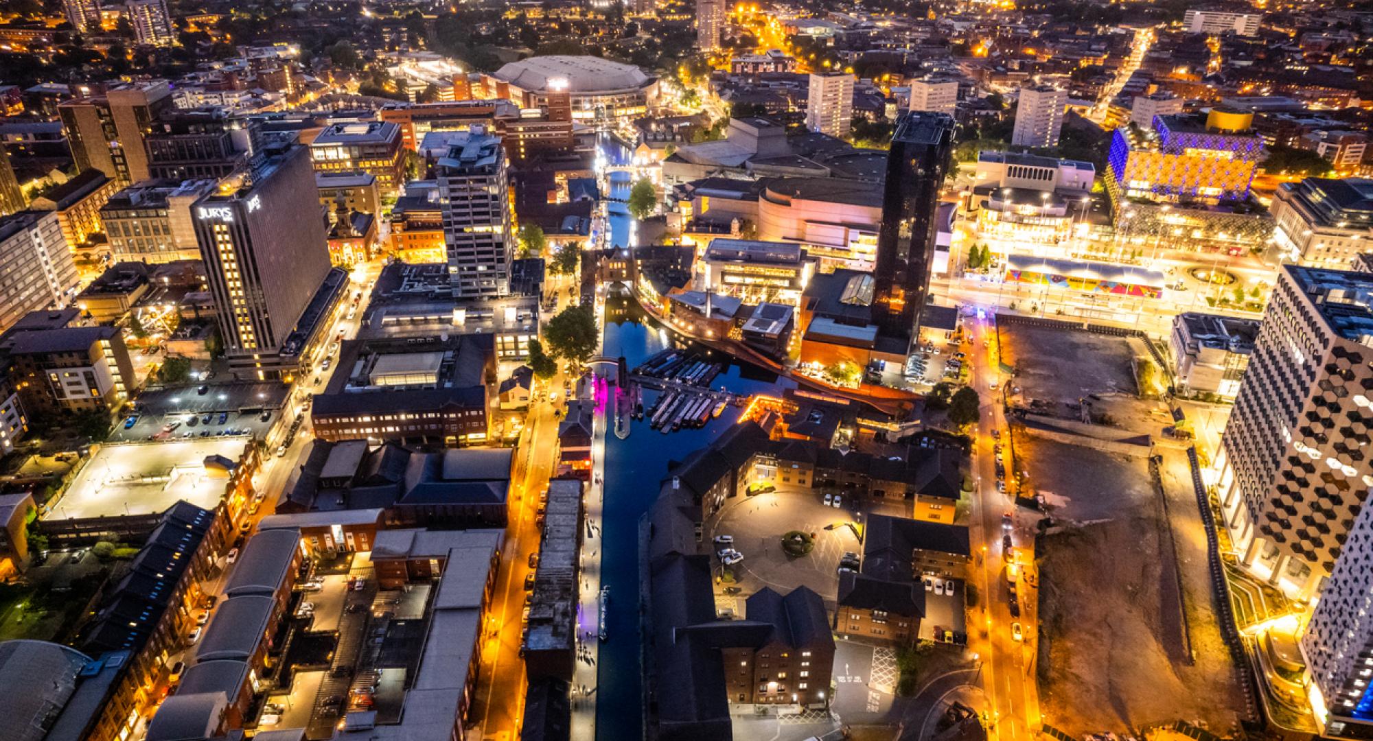 Aerial view of Birmingham City Centre at night