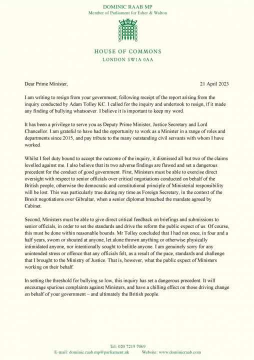 Dominic Raab's letter of resignation