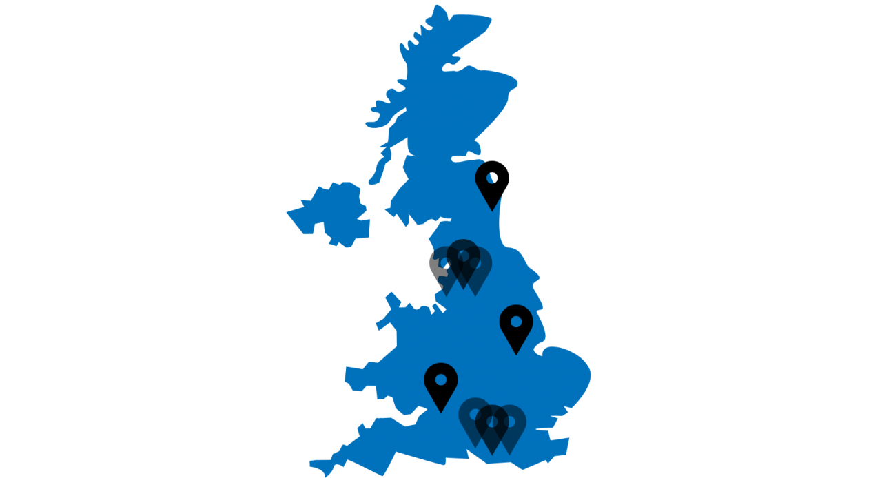 Map of UK with locations on