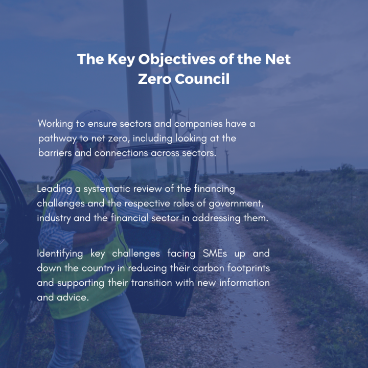 Infographic showing the main aims of the Net Zero Council