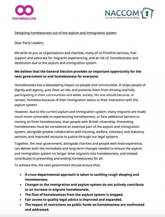 A screenshot of the letter sent to political party leaders