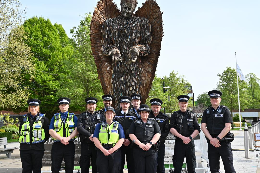 Crewe officers with the Knife Angel sculpture