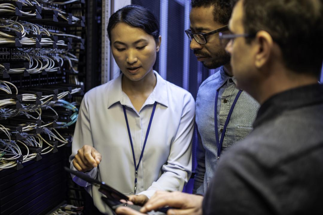 Colleagues in a server room