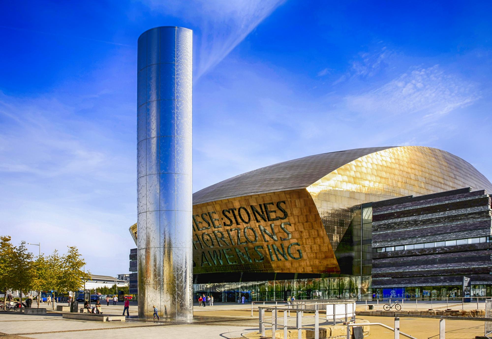 The Wales Millenium Centre building and Torchwood column in Cardiff.