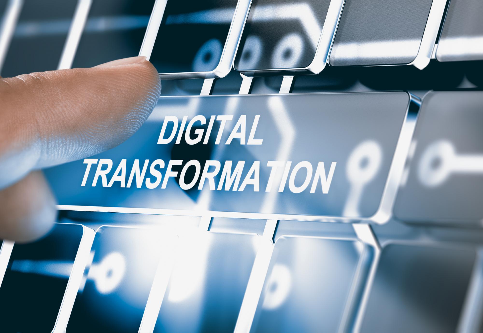 Graphical representation of a button with "digital trasnformation" written on it.