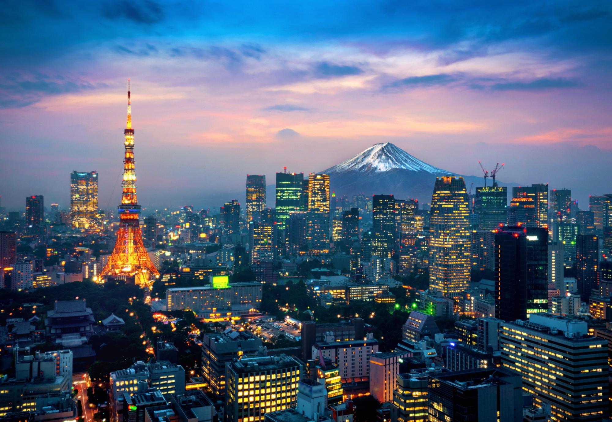 Picture of Japanese cityscape with Mt Fuji in background.