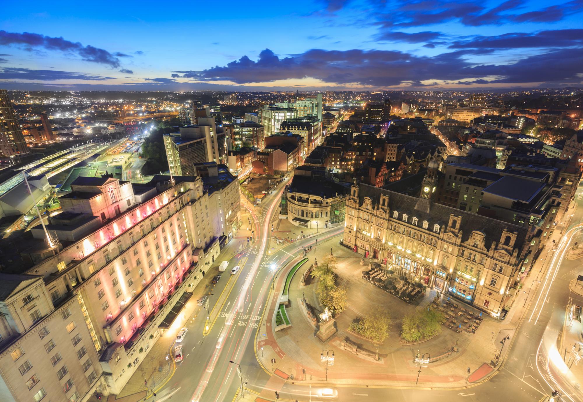 Night time shot of Leeds City Centre with a long exposure applied.