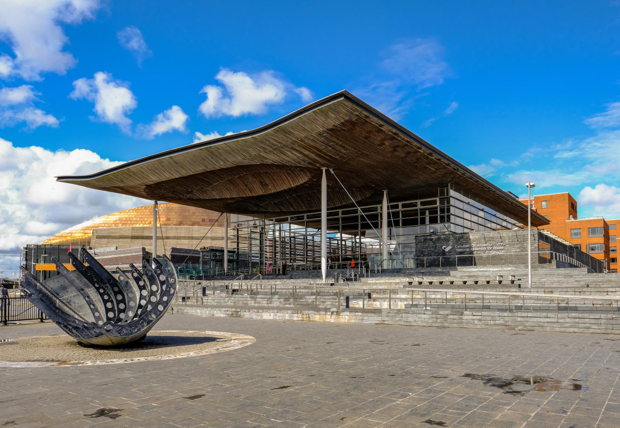 Sinedd, National Assembly building. Front view with sculpture in the foreground.