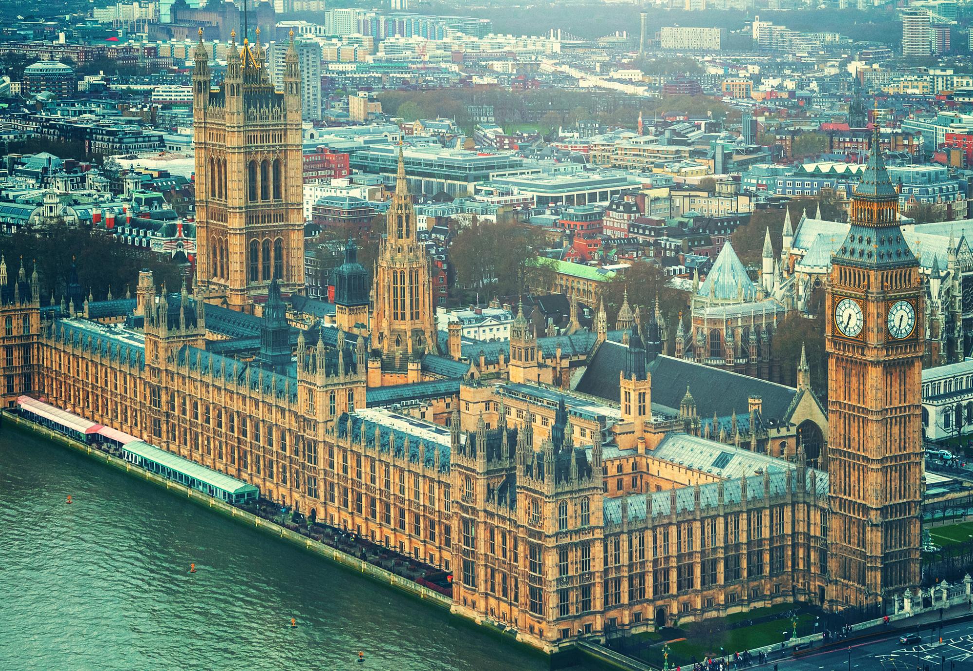 Big Ben and the House of Parliament in London taken from a drone.