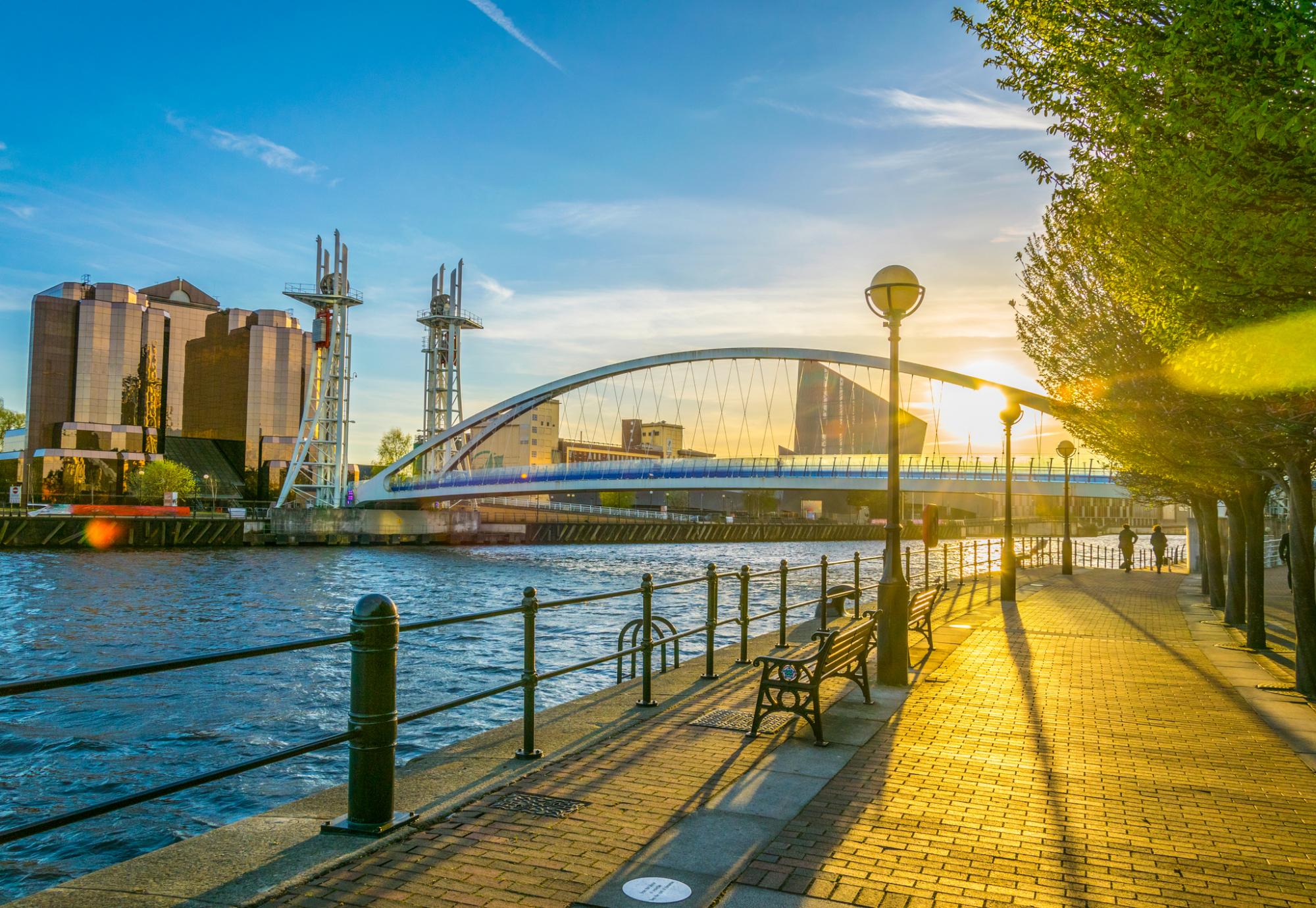 A picture of Salford Quays taken during golden hour.