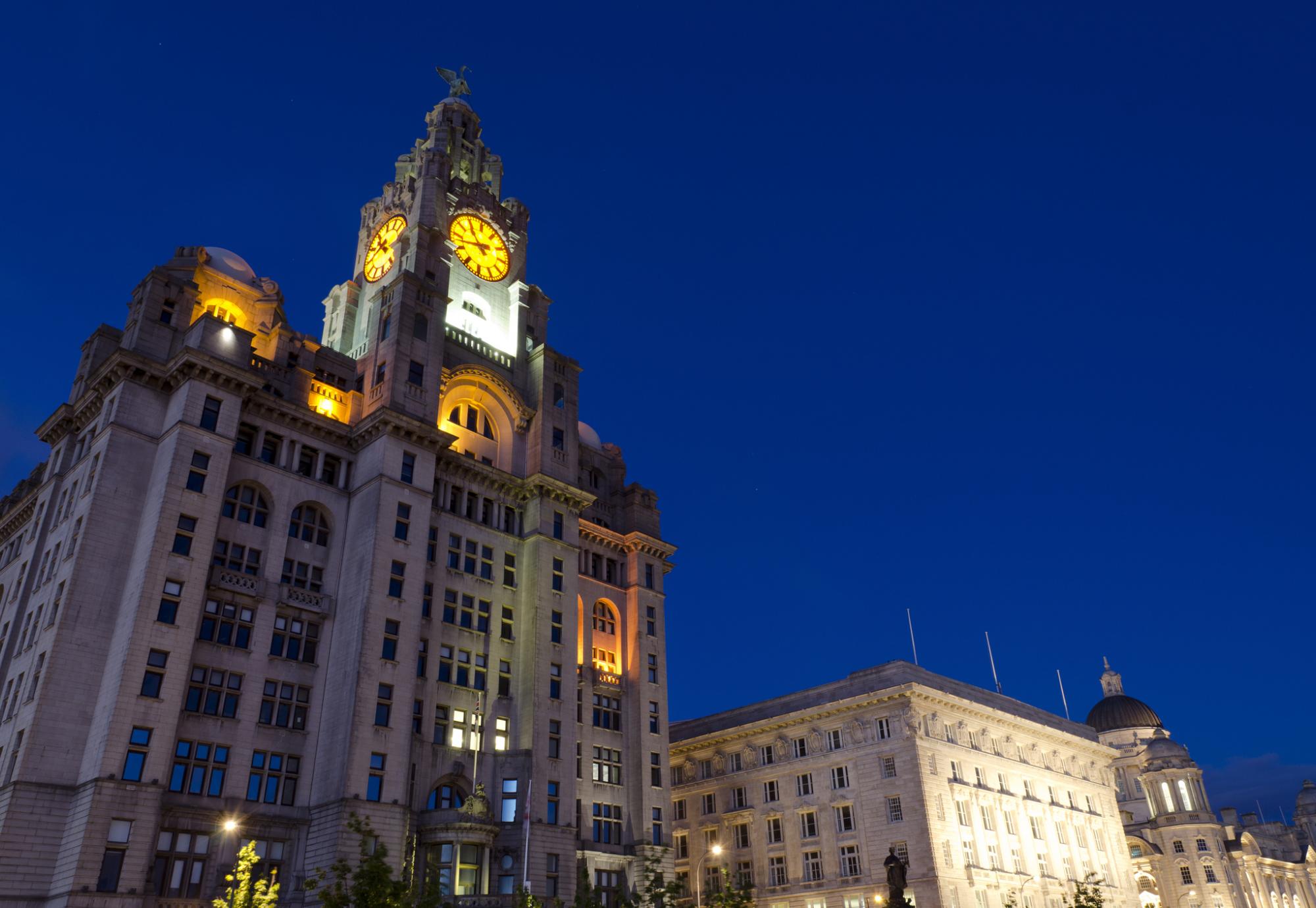 Royal Liver Building at night, Liverpool.