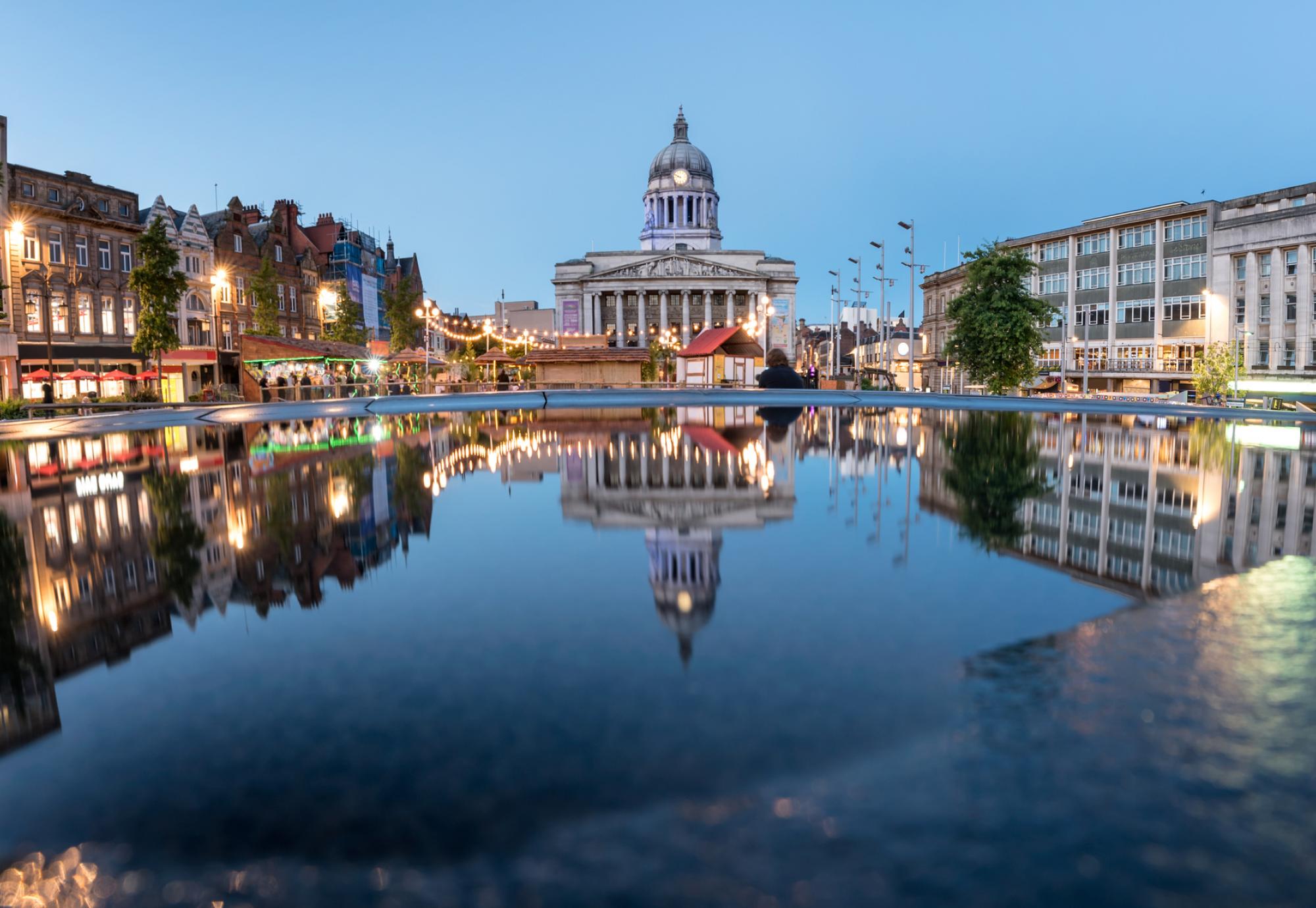 Nottingham City Hall at night.