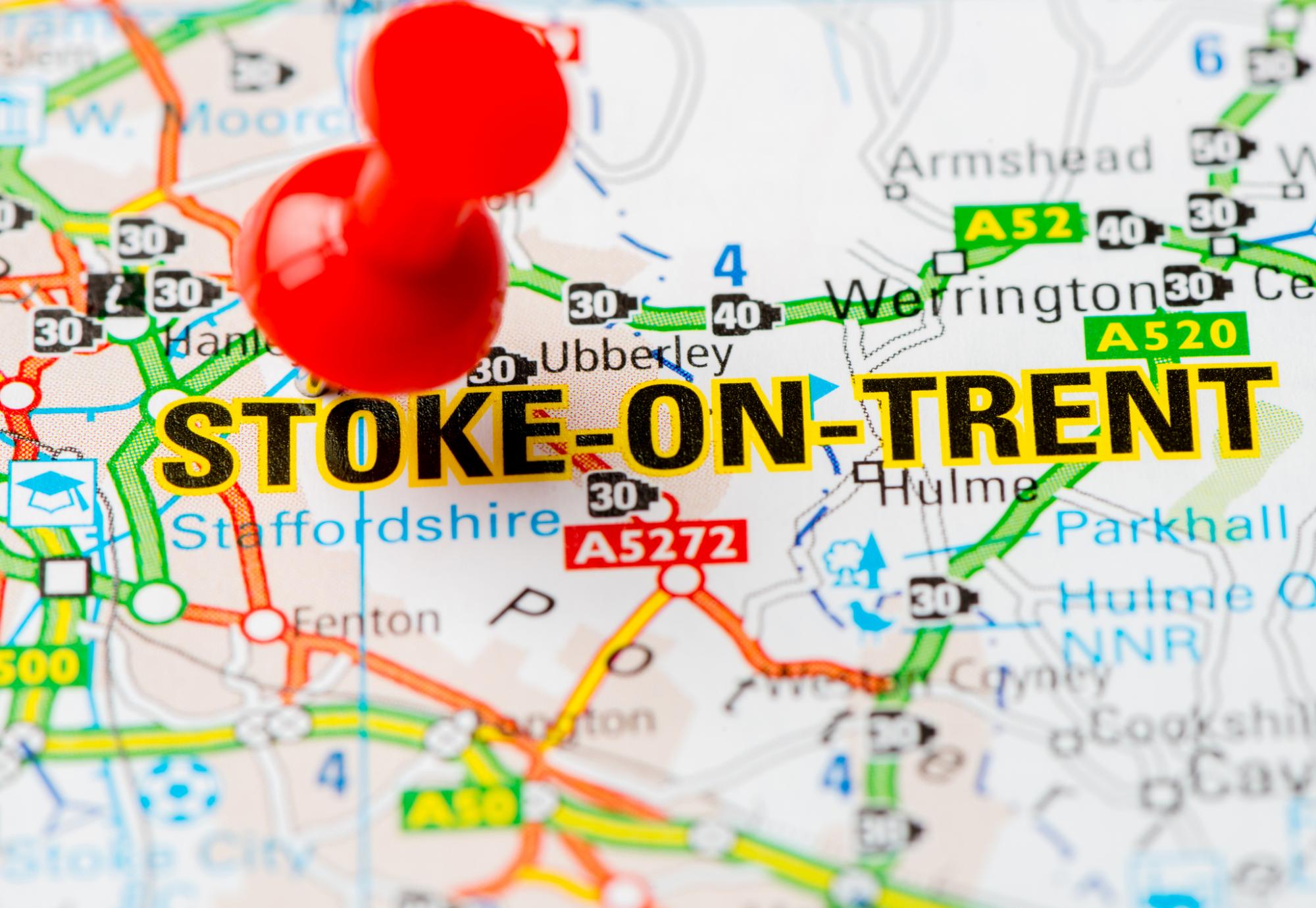 Map with a pin in Stoke-on-Trent