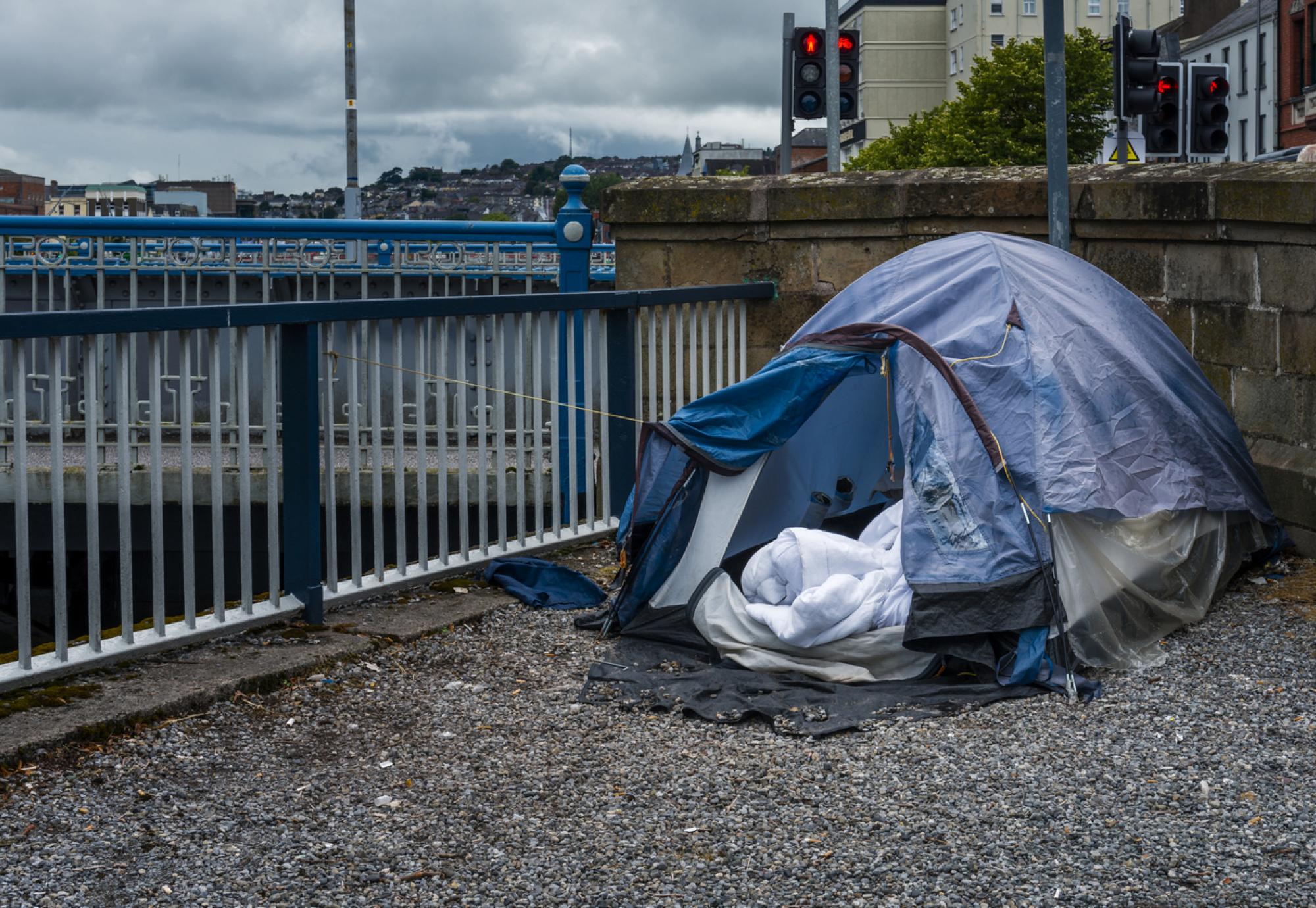 Tent sits in town centre for homeless man. 