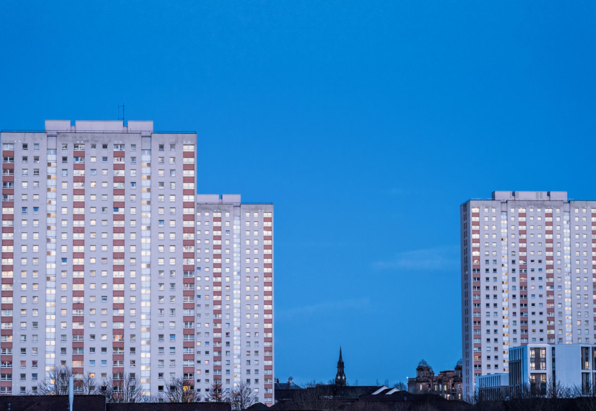 High rise tower blocks in the skyline.