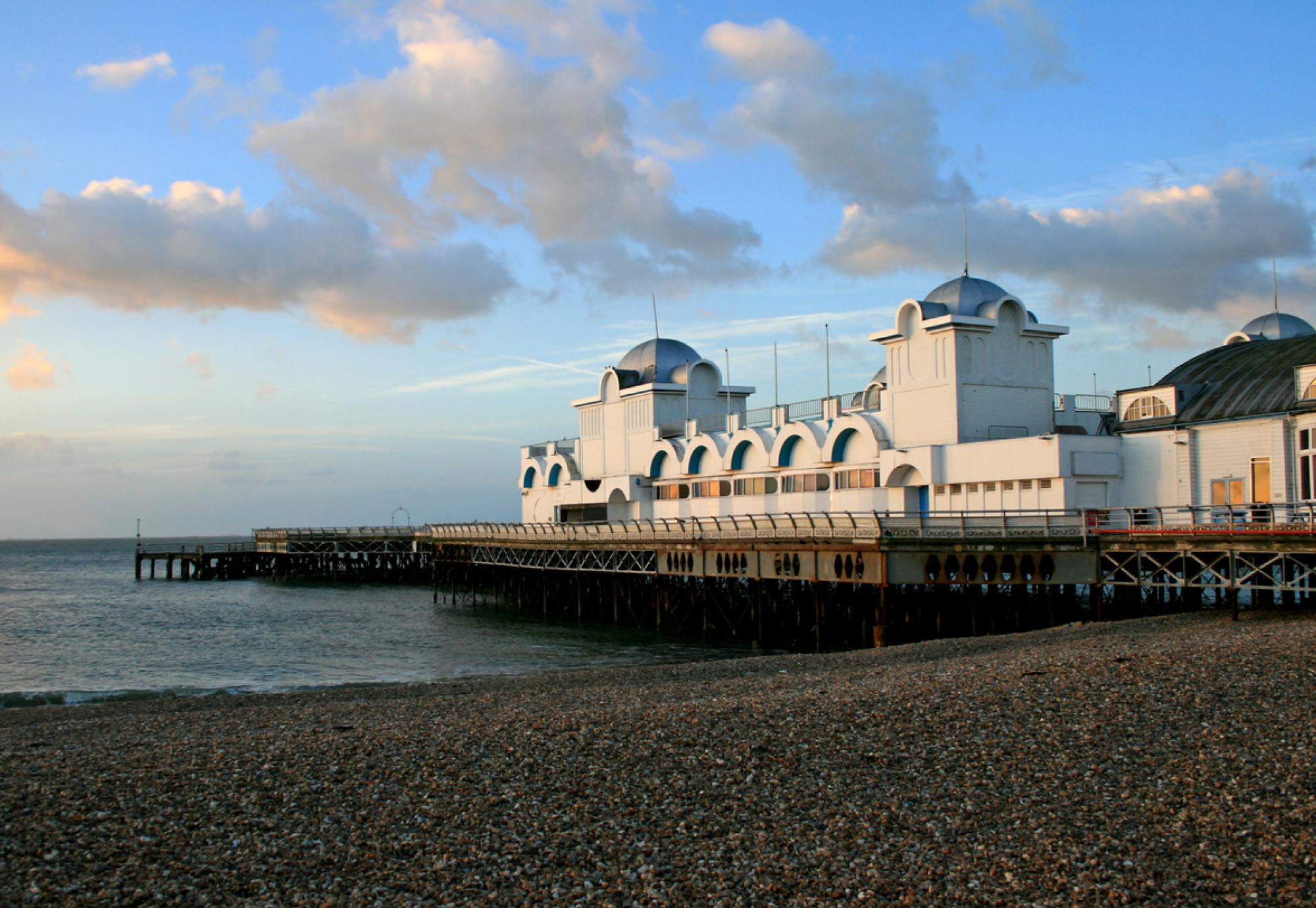 Southsea Pier and beach in the early morning.