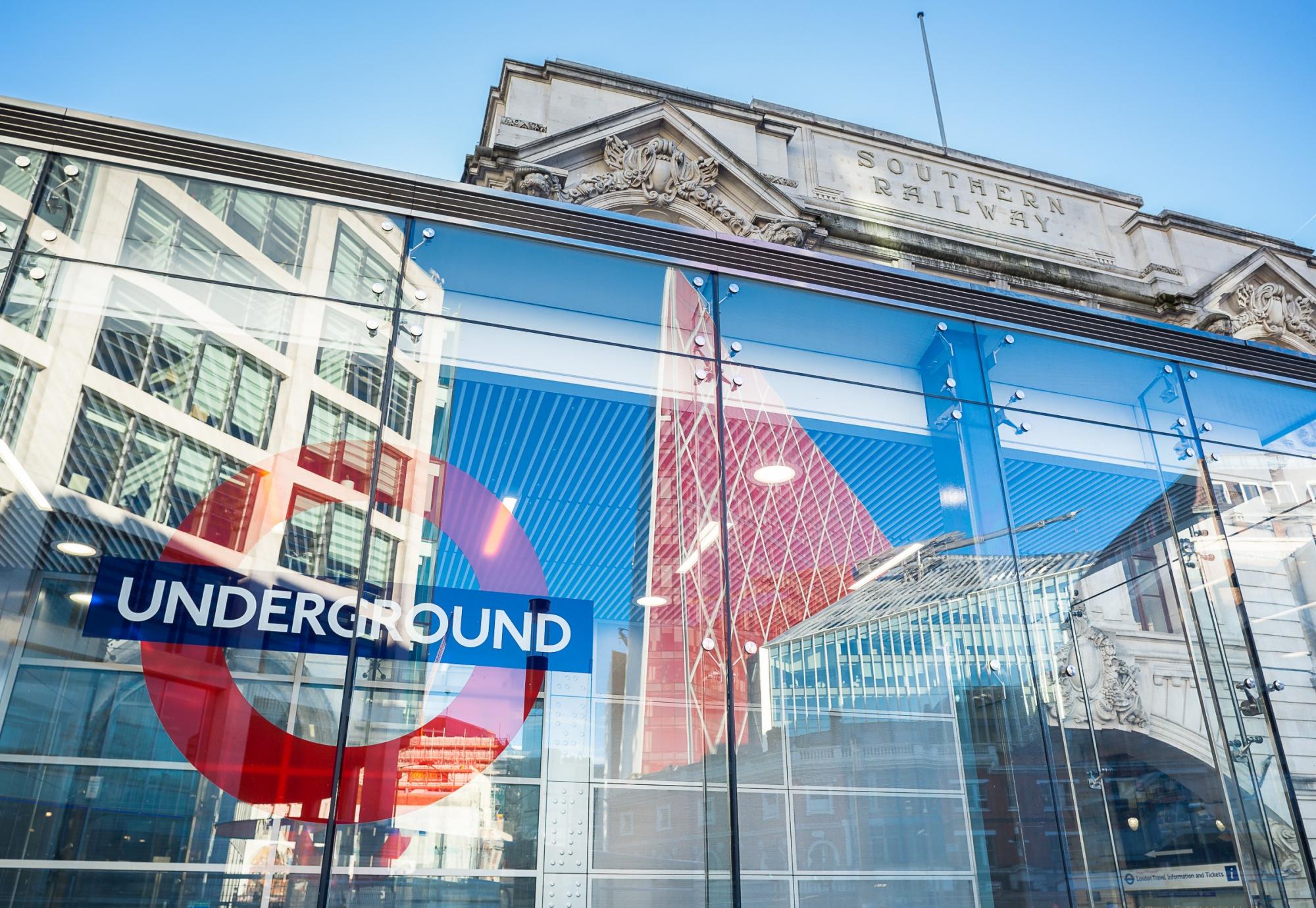 London Underground logo emblazoned on side of a building