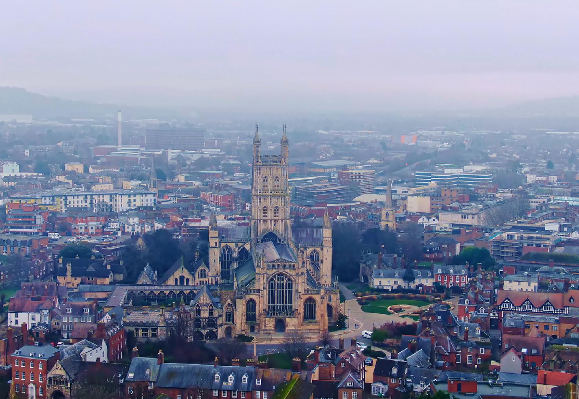 Aerial view of Gloucester, including Gloucester Cathedral