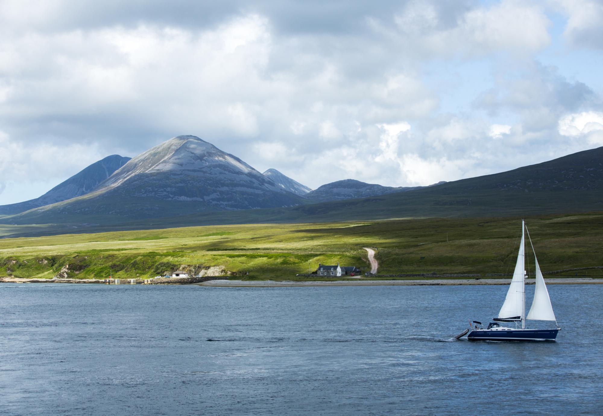 Panoramic view of Scottish island with a boat in the foreground