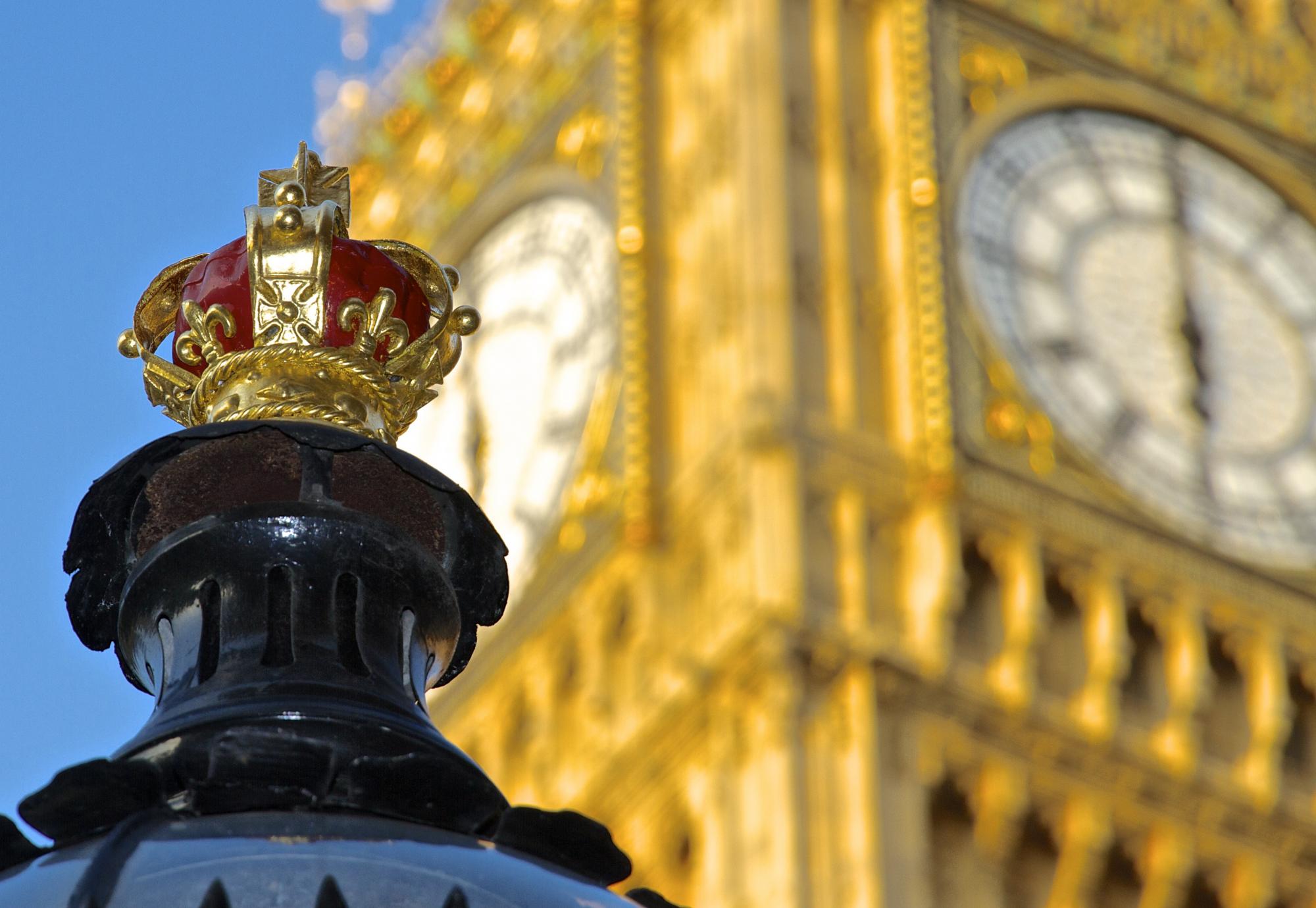 London street lamp with crown on top, Big Ben out of focus in the background
