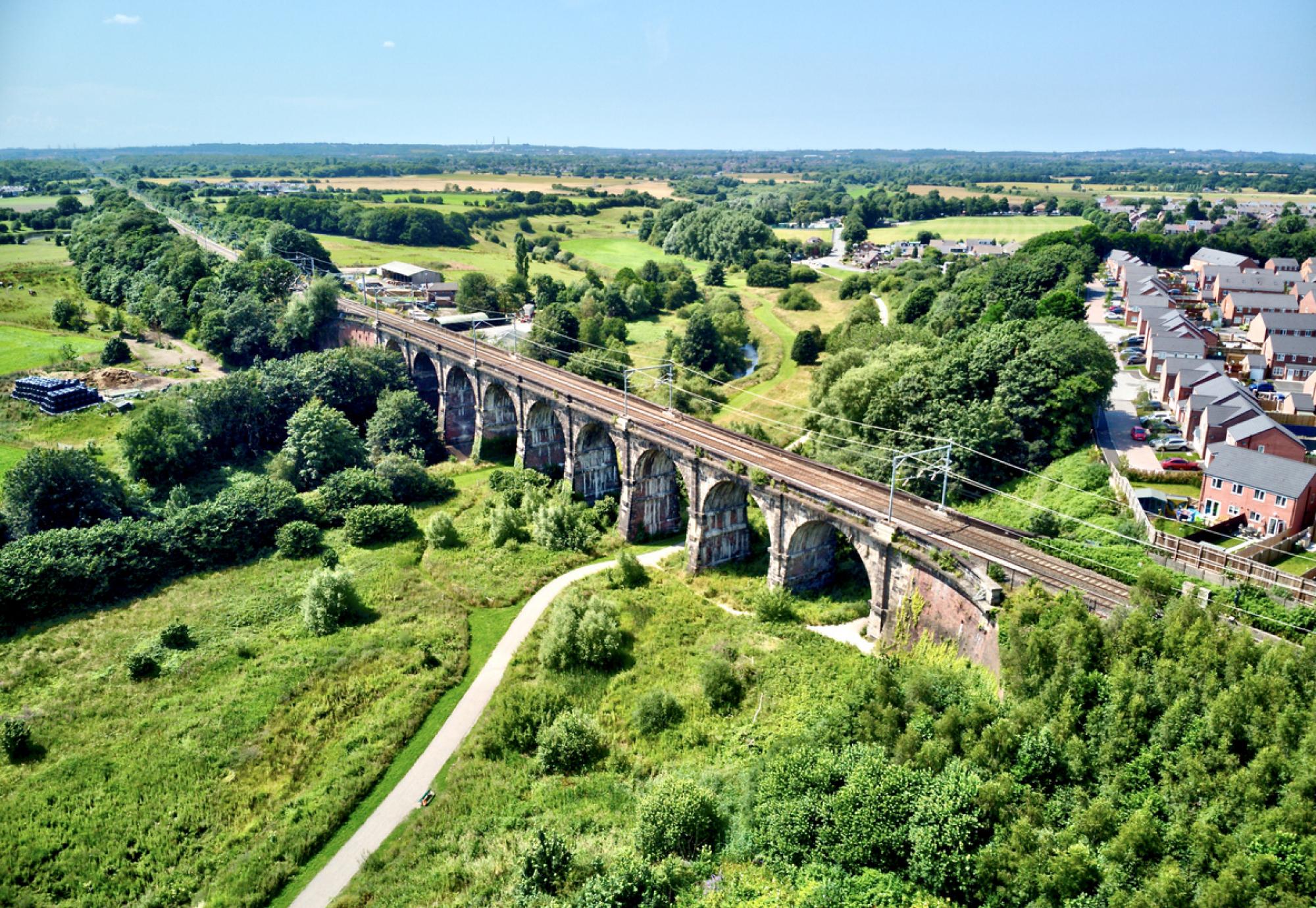 Aerial view of nine arches viaduct in St Helens