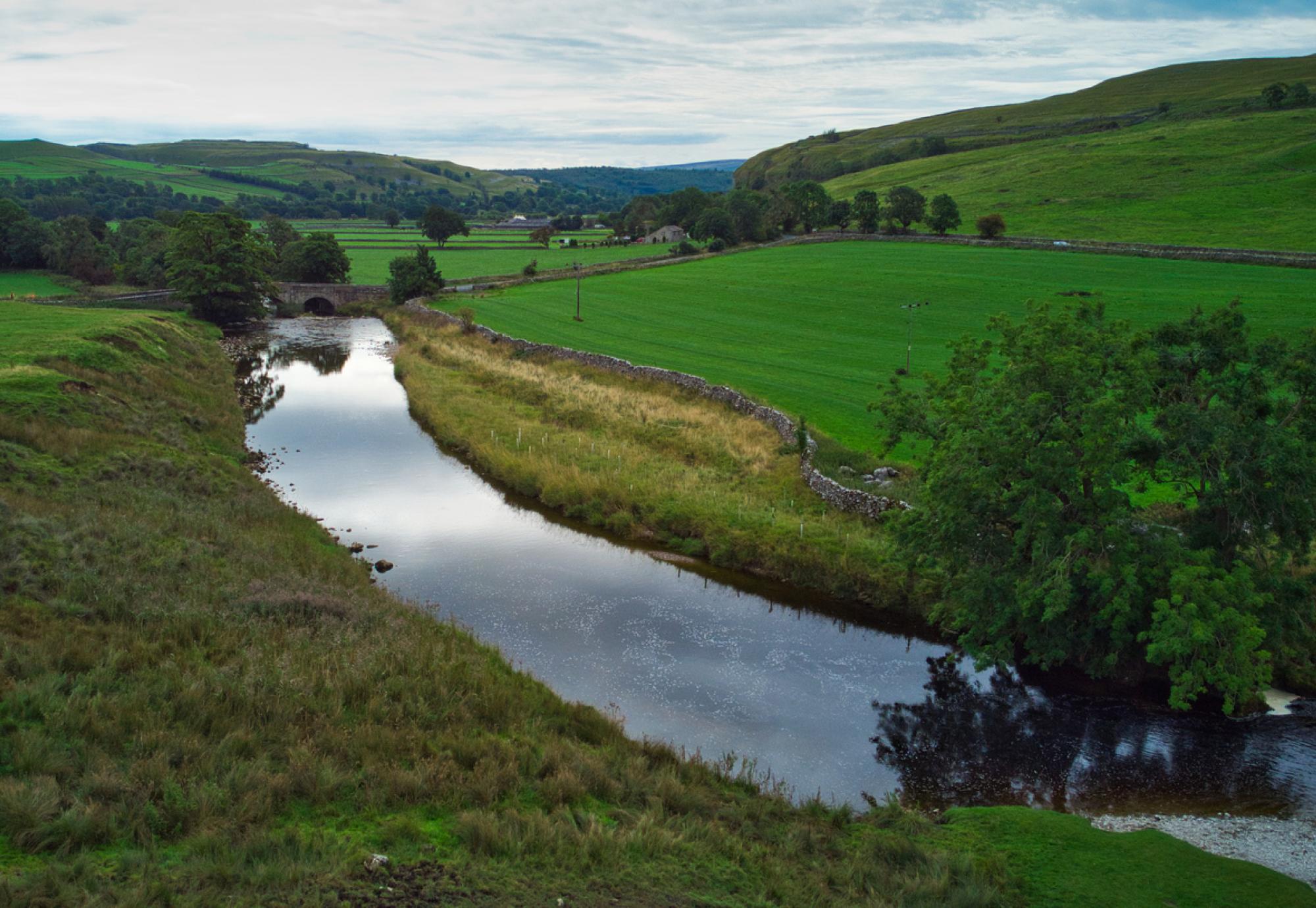 Aerial view of river in the Yorkshire Dales