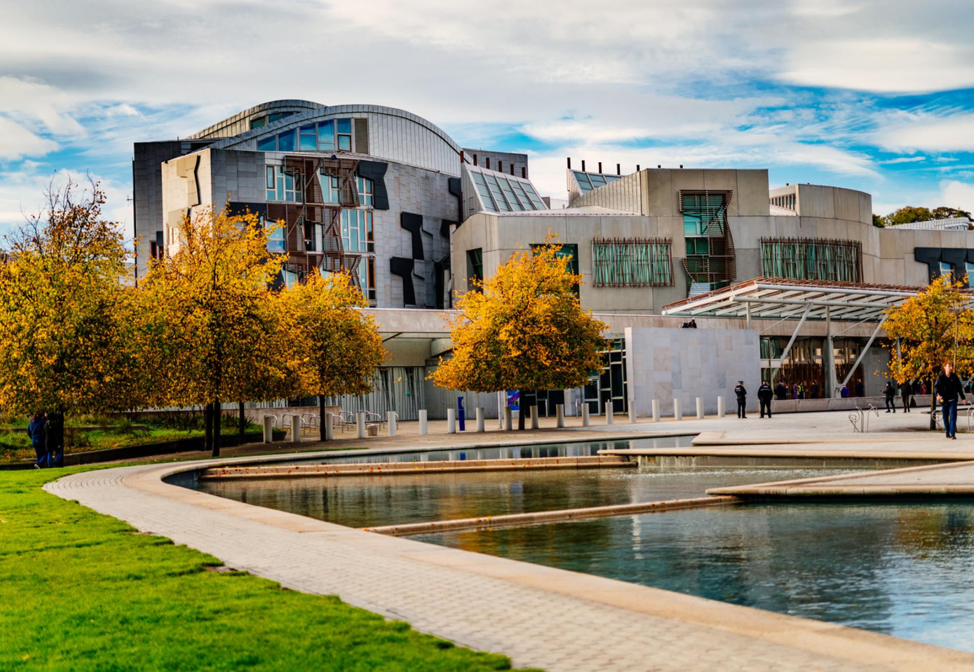 Front view of the Scottish Parliament building in Edinburgh