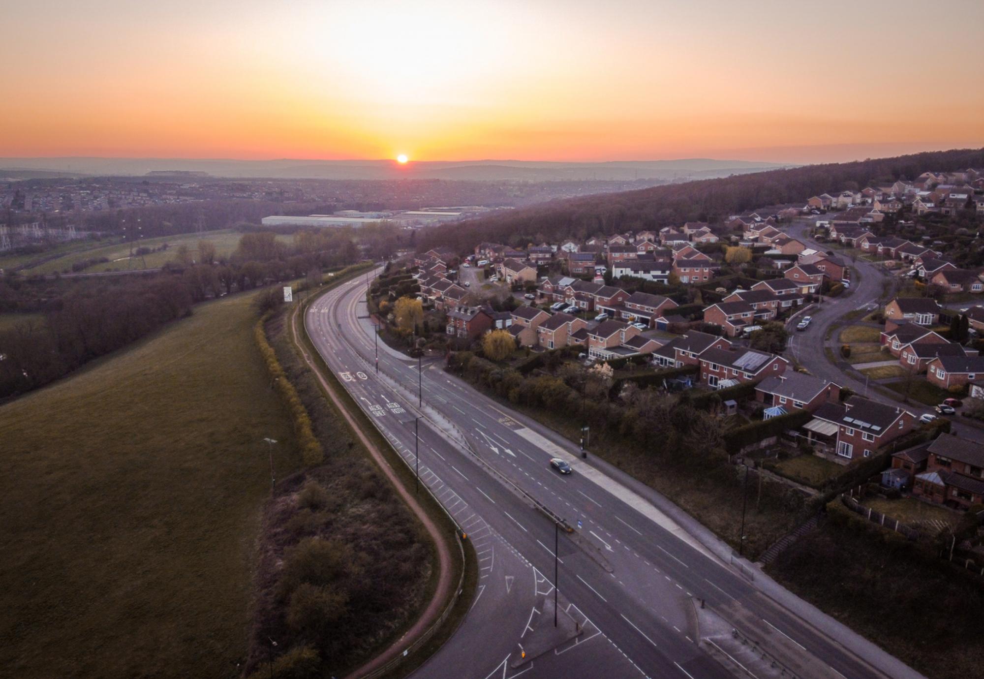 Aerial view of Rotherham at sunset
