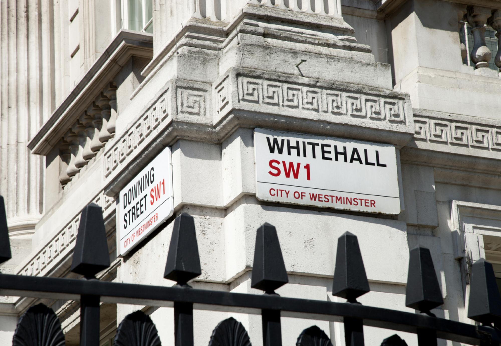 Sign on entrance to Whitehall, home of the UK government 