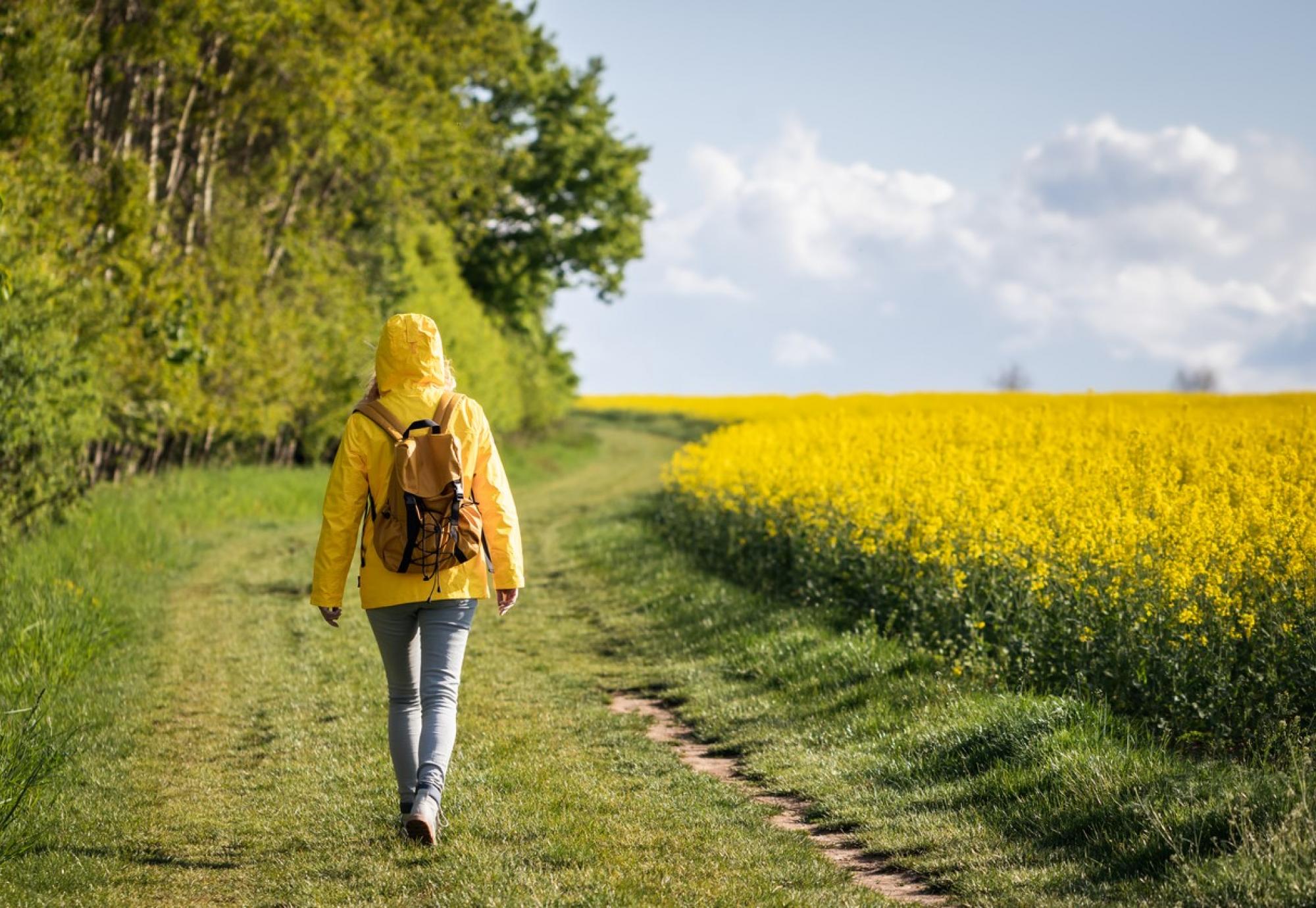 Woman walking in a field of flowers