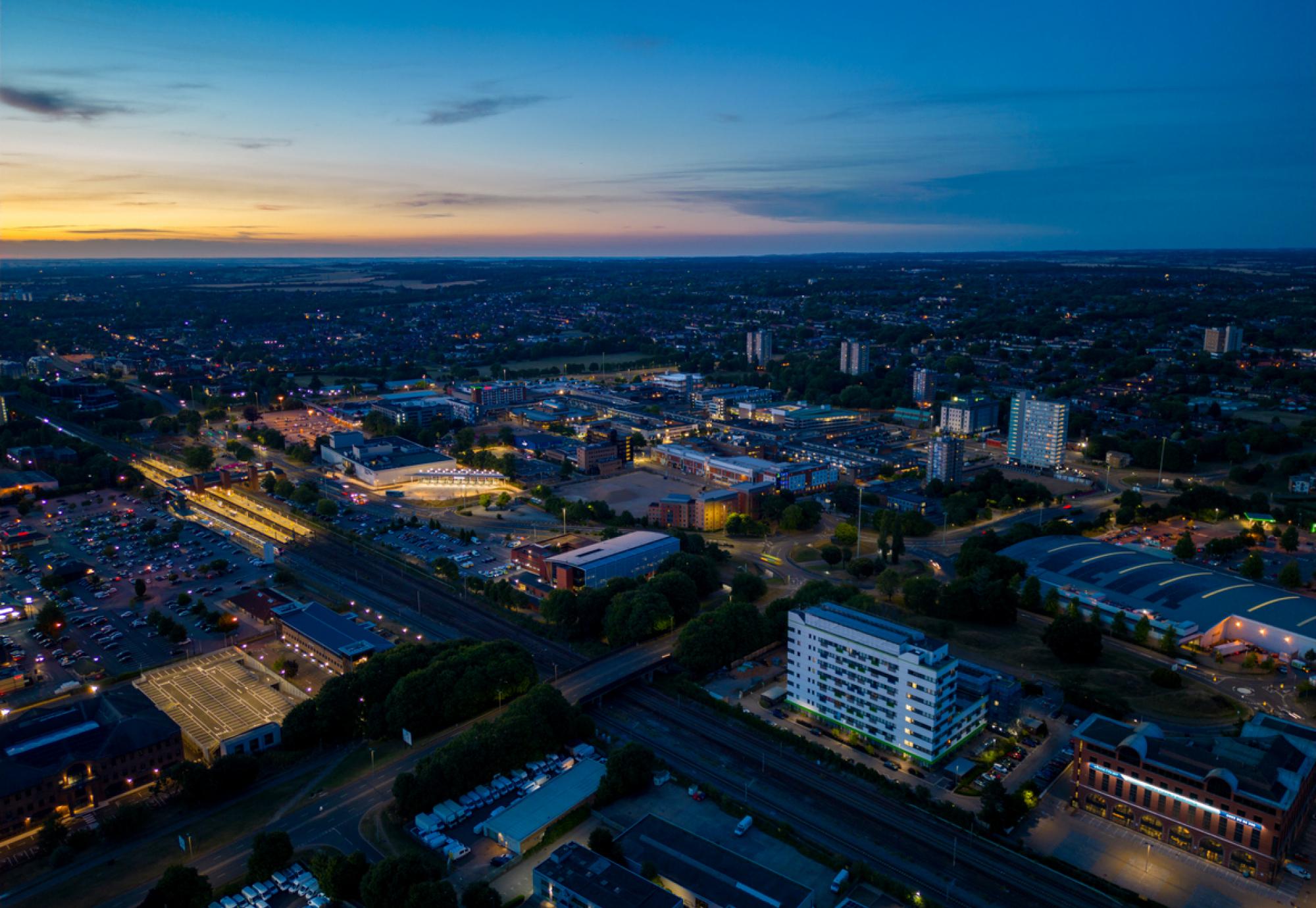 Aerial photo of Stevenage at night