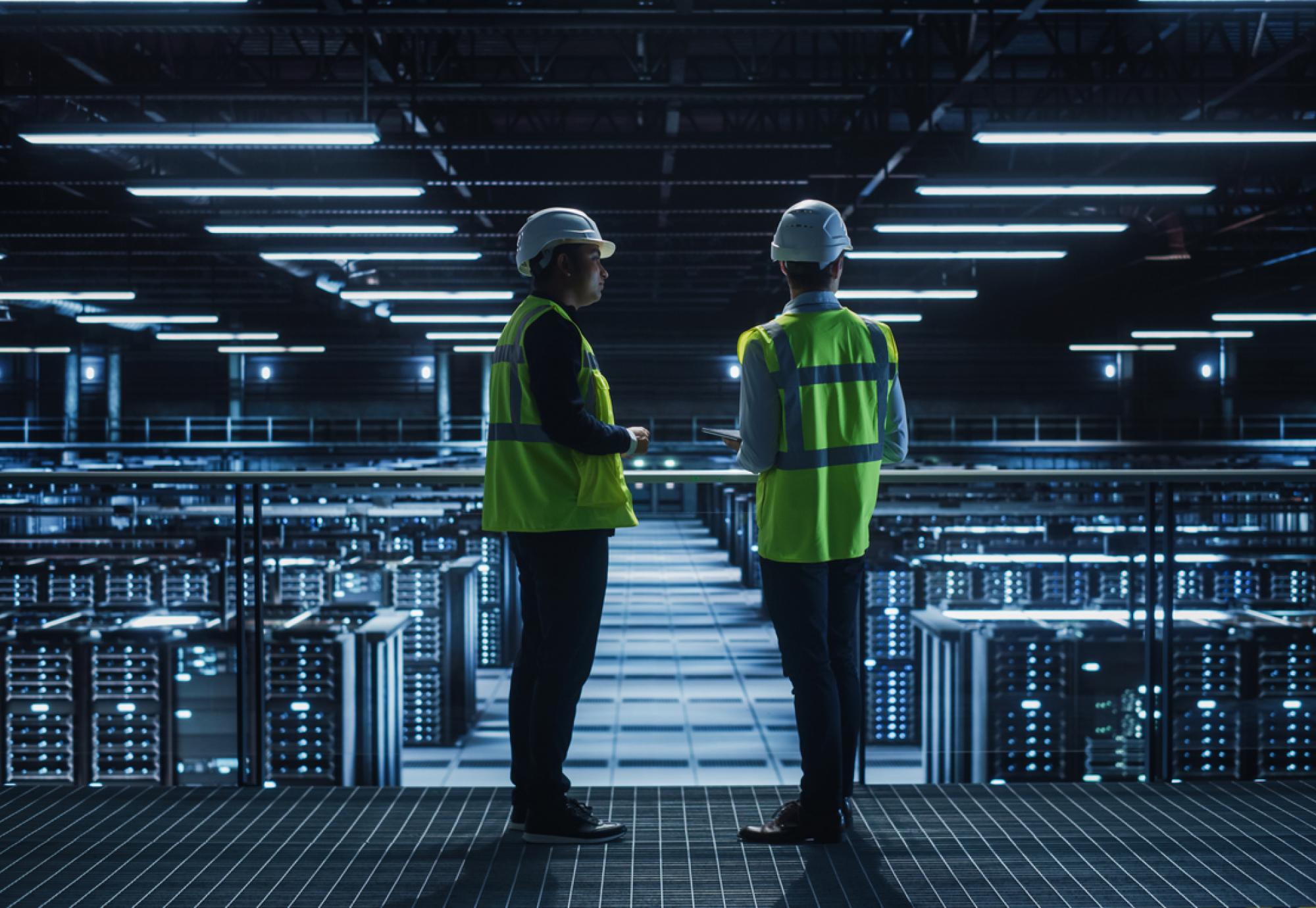 Two people standing in a datacentre