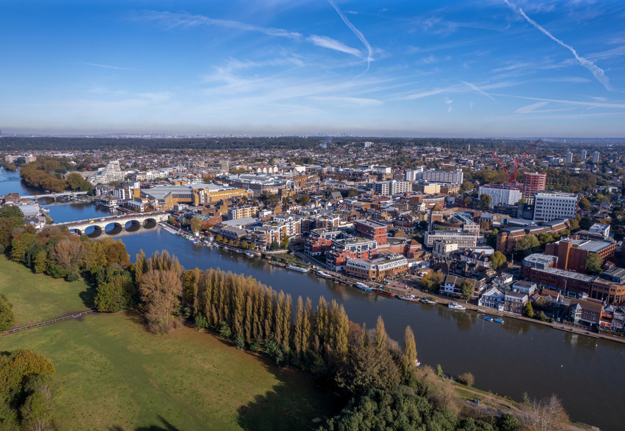 drone aerial view of town center of Kingston upon Thames, Greater London