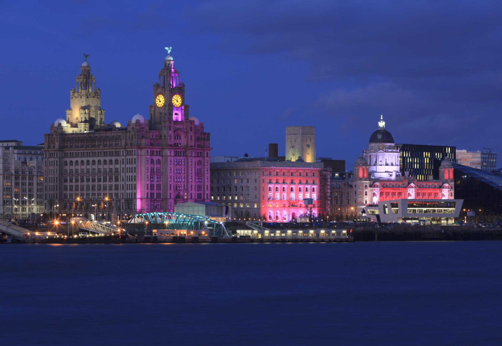 Liverpool at night with the Liver building lit