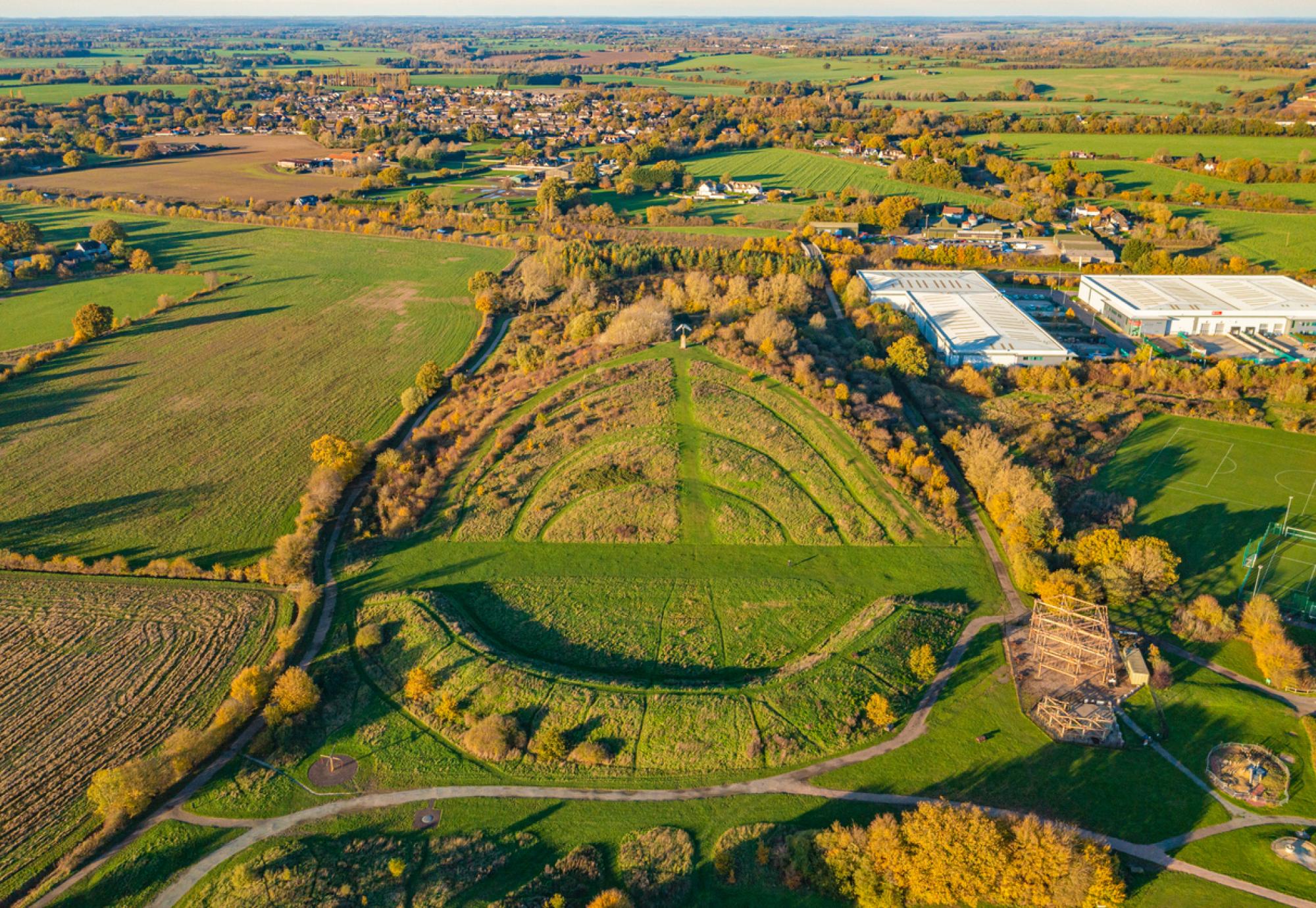 Aerial photo from a drone of the Bird of Freedom sculpture in Great Notley Country Park, Braintree, Essex, UK