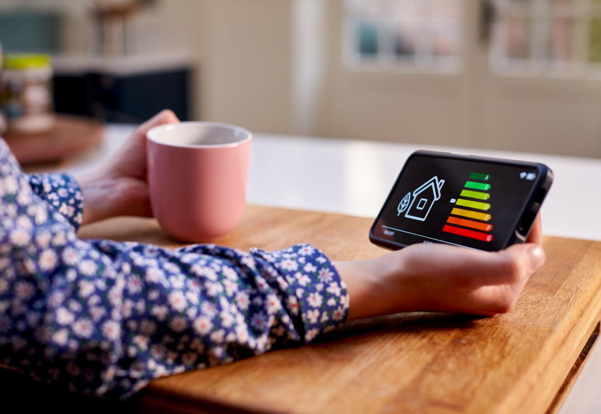 Woman holding a device measuring her heating