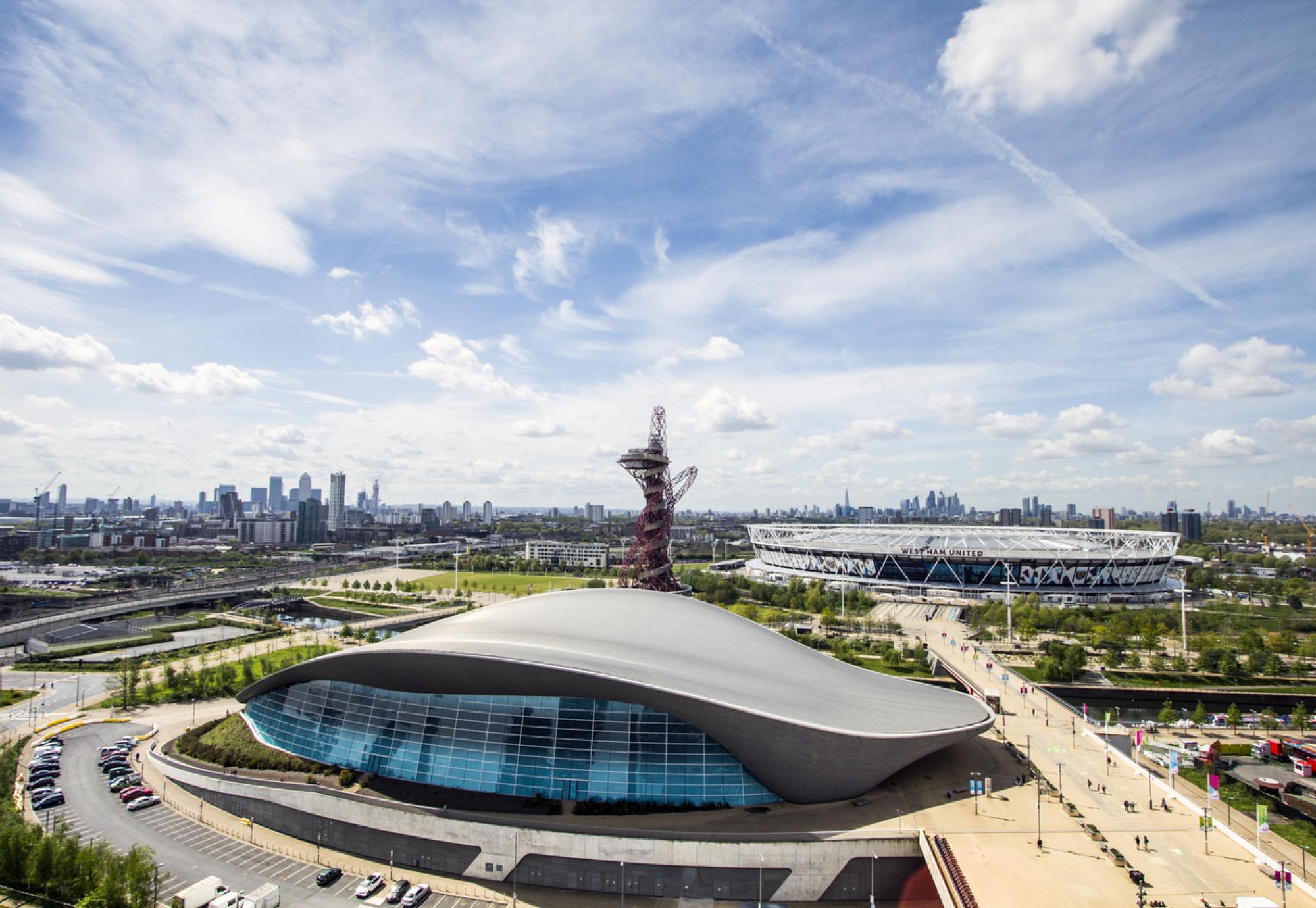 View of the aquatics centre and London Stadium in Newham
