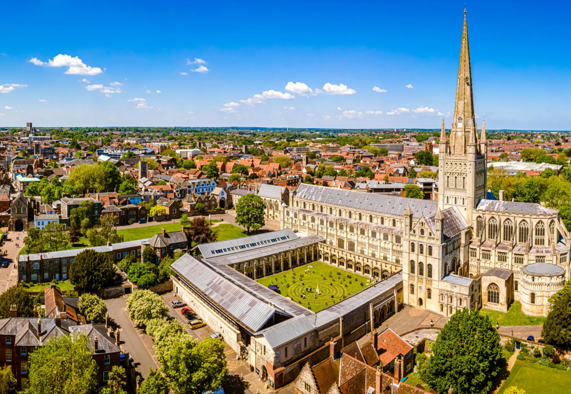 Aerial view of Norwich Cathedral located in Norwich, Norfolk, UK