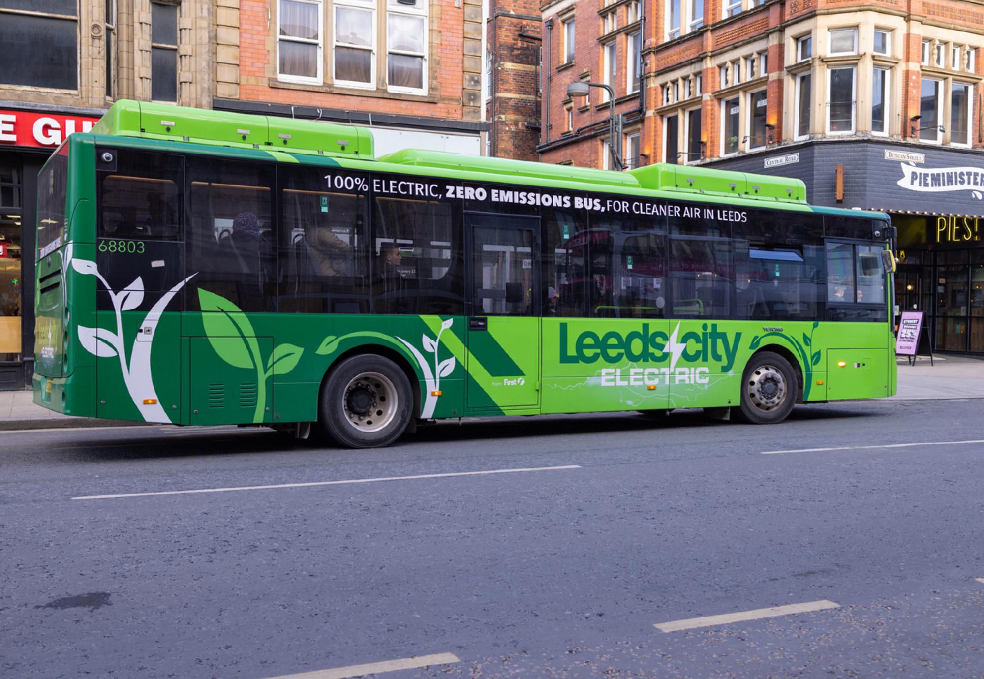 Photo taken in the Leeds City Centre showing an electric bus in the city, the bus is 100% Electric with zero Emissions for cleaner air in the Leeds City Centre